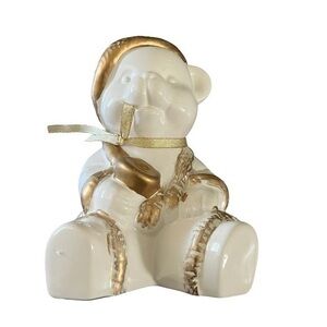 Holiday Teddy Bear Figurine White and Gold Ceramic From JC Penney
